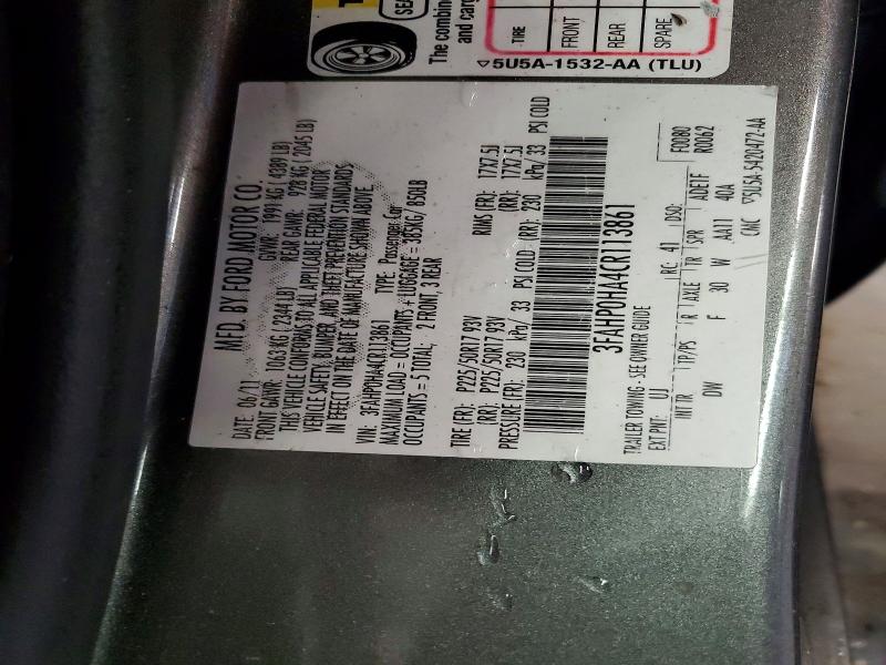 2012 Ford Fusion მანქანა იყიდება აუქციონზე, vin: 3FAHP0HA4CR113861, აუქციონის ნომერი: 57555926