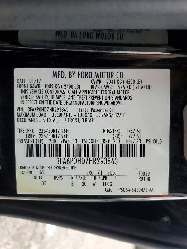 56103256 :رقم المزاد ، 3FA6P0HD7HR293863 vin ، 2017 Ford Fusion مزاد بيع