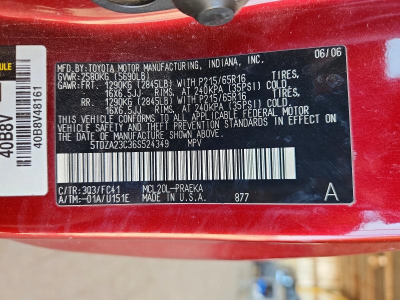 59193106 :رقم المزاد ، 5TDZA23C36S524349 vin ، 2006 Toyota Sienna مزاد بيع