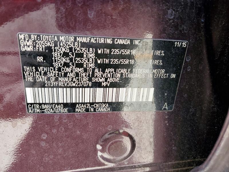 55927656 :رقم المزاد ، 2T3YFREV3GW237078 vin ، 2016 Toyota Rav4 مزاد بيع