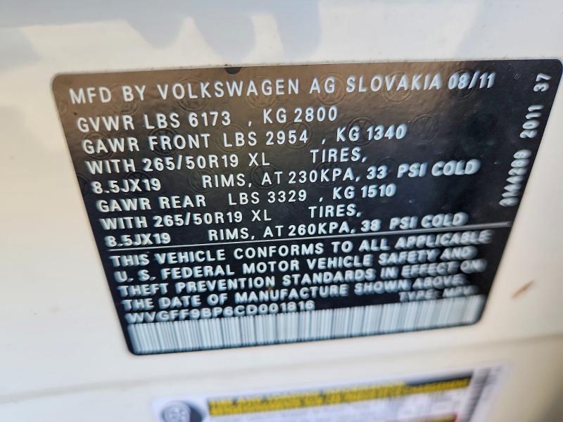 Продаж на аукціоні авто 2012 Volkswagen Touareg, vin: WVGFF9BP6CD001816, номер лоту: 58675266