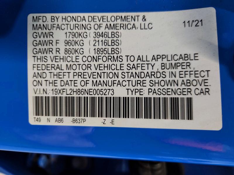 Aukcja sprzedaży 2022 Honda Civic, vin: 19XFL2H86NE005273, numer aukcji: 56451106