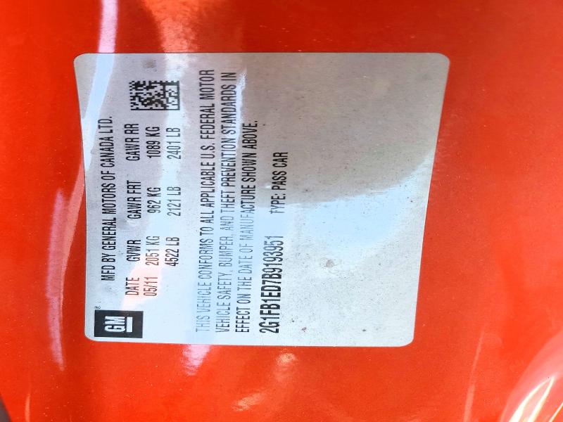 85969245 :رقم المزاد ، 2G1FB1ED7B9193951 vin ، 2011 Chevrolet Camaro مزاد بيع
