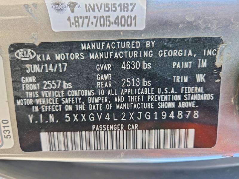 57081486 :رقم المزاد ، 5XXGV4L2XJG194878 vin ، 2018 Kia Optima مزاد بيع