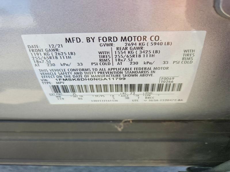 56805686 :رقم المزاد ، 1FMSK8DH0NGA11799 vin ، 2022 Ford Explorer مزاد بيع