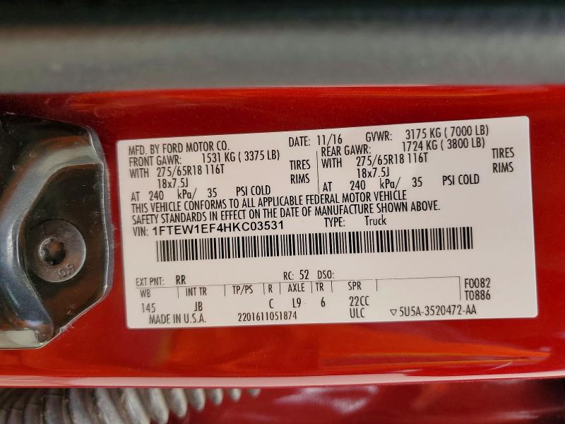 2017 Ford F150 მანქანა იყიდება აუქციონზე, vin: 1FTEW1EF4HKC03531, აუქციონის ნომერი: 57235426