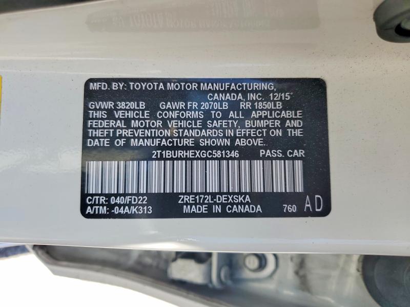 58839486 :رقم المزاد ، 2T1BURHEXGC581346 vin ، 2016 Toyota Corolla مزاد بيع