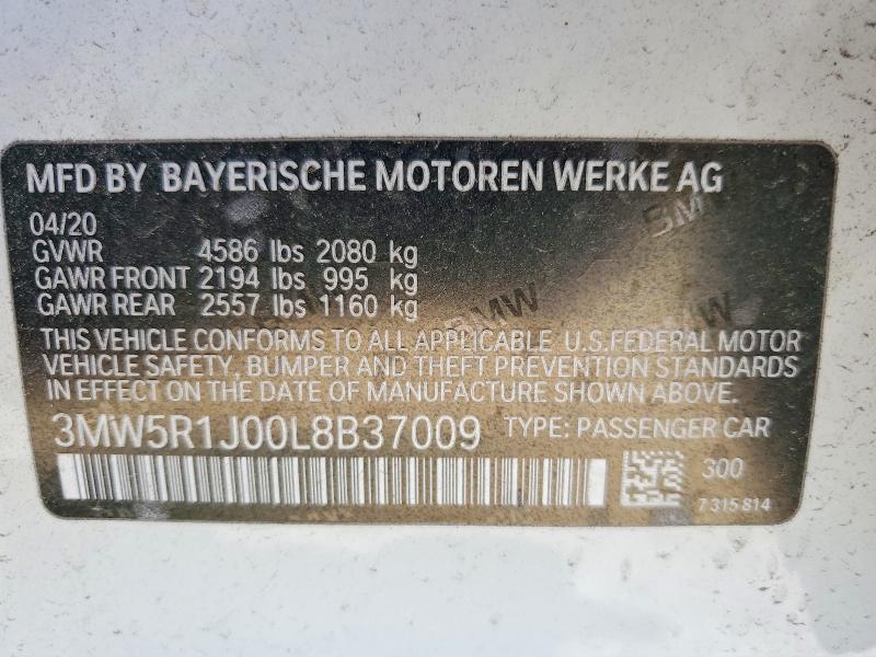 2020 Bmw 330i მანქანა იყიდება აუქციონზე, vin: 3MW5R1J00L8B37009, აუქციონის ნომერი: 56505806