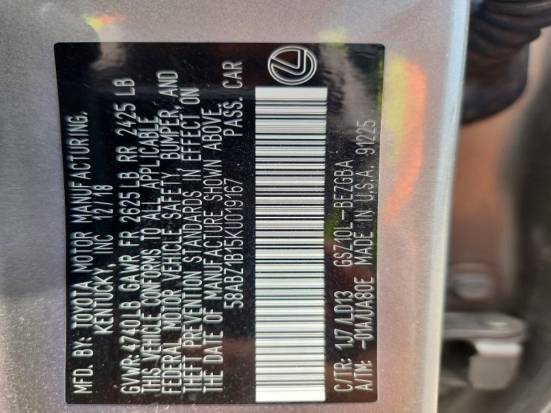 58562136 :رقم المزاد ، 58ABZ1B15KU019167 vin ، 2019 Lexus Es مزاد بيع