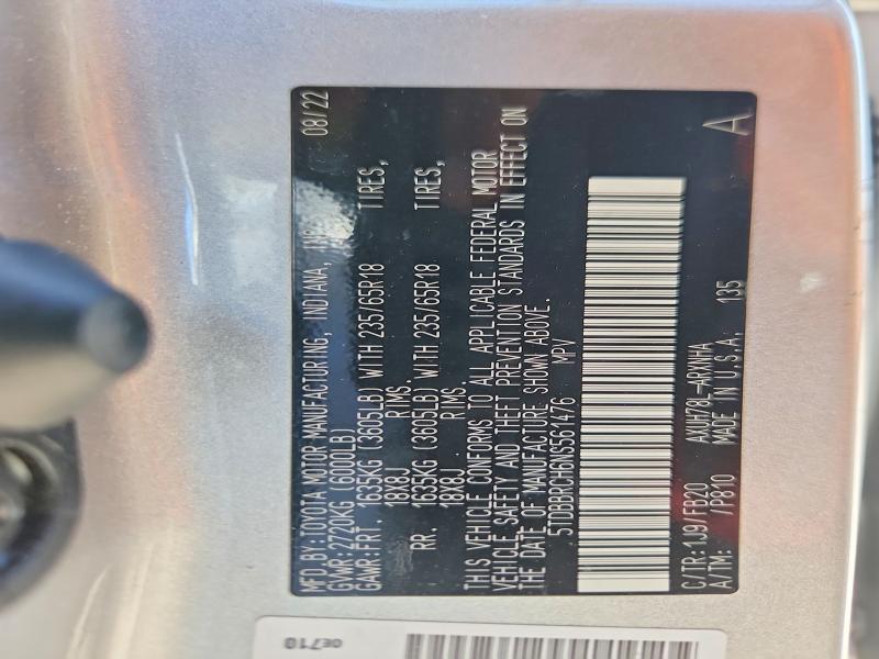 Aukcja sprzedaży 2022 Toyota Highlander, vin: 5TDBBRCH6NS561476, numer aukcji: 56093036