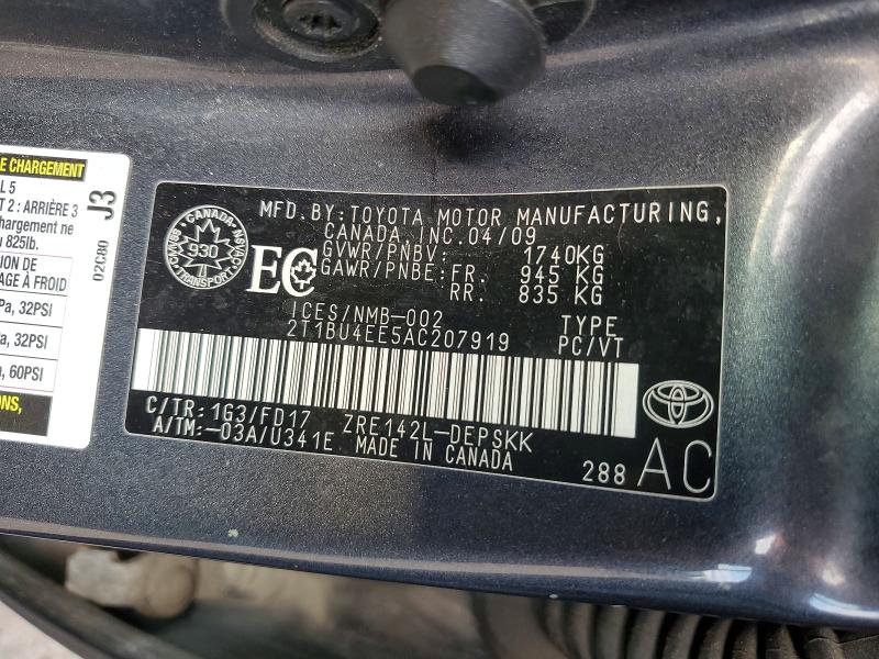 2010 Toyota Corolla მანქანა იყიდება აუქციონზე, vin: 2T1BU4EE5AC207919, აუქციონის ნომერი: 57774736