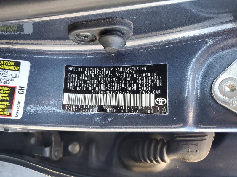 Продаж на аукціоні авто 2016 Toyota Corolla, vin: 5YFBURHE4GP452695, номер лоту: 55072906