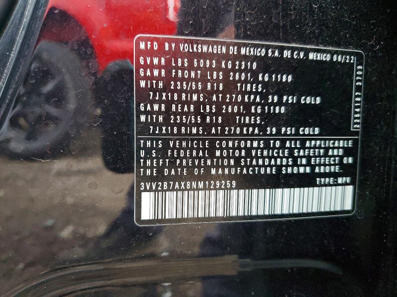 55860616 :رقم المزاد ، 3VV2B7AX8NM129259 vin ، 2022 Volkswagen Tiguan مزاد بيع
