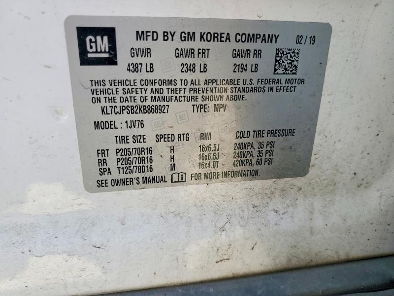 Продаж на аукціоні авто 2019 Chevrolet Trax, vin: KL7CJPSB2KB868927, номер лоту: 58291876