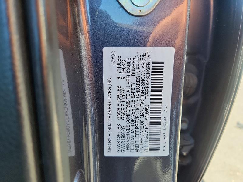 Aukcja sprzedaży 2020 Honda Accord, vin: 1HGCV1F40LA105992, numer aukcji: 58495866