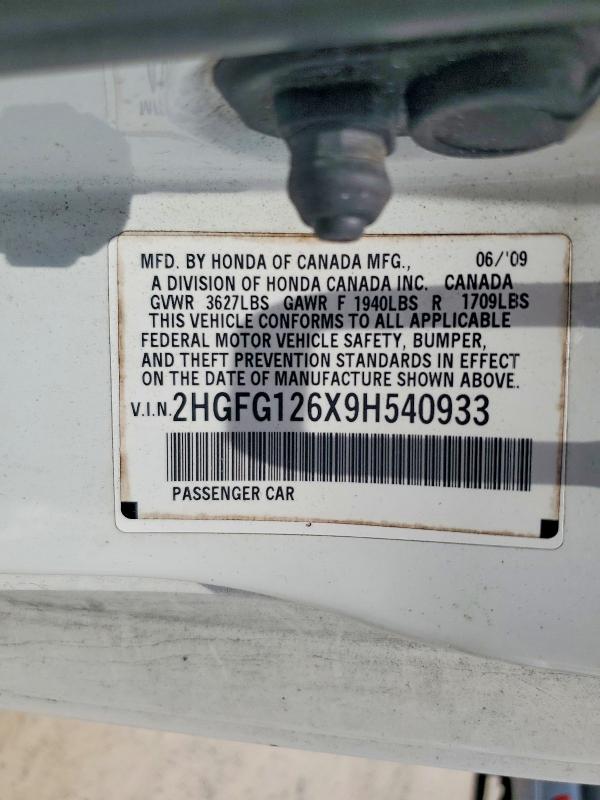 56760416 :رقم المزاد ، 2HGFG126X9H540933 vin ، 2009 Honda Civic مزاد بيع