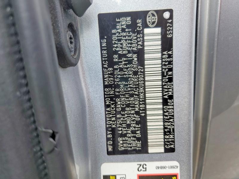 2019 Toyota Camry მანქანა იყიდება აუქციონზე, vin: 4T1B11HK9KU690727, აუქციონის ნომერი: 57438556