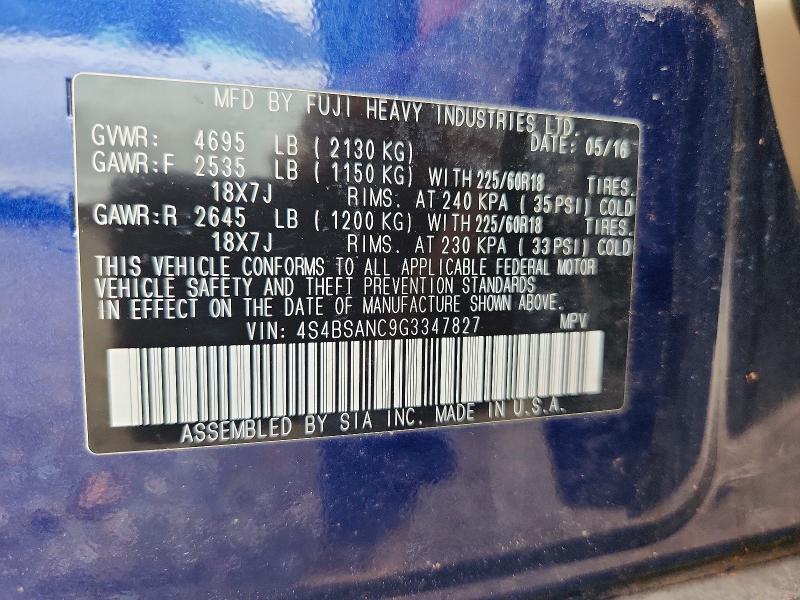 2016 Subaru Outback მანქანა იყიდება აუქციონზე, vin: 4S4BSANC9G3347827, აუქციონის ნომერი: 56865956