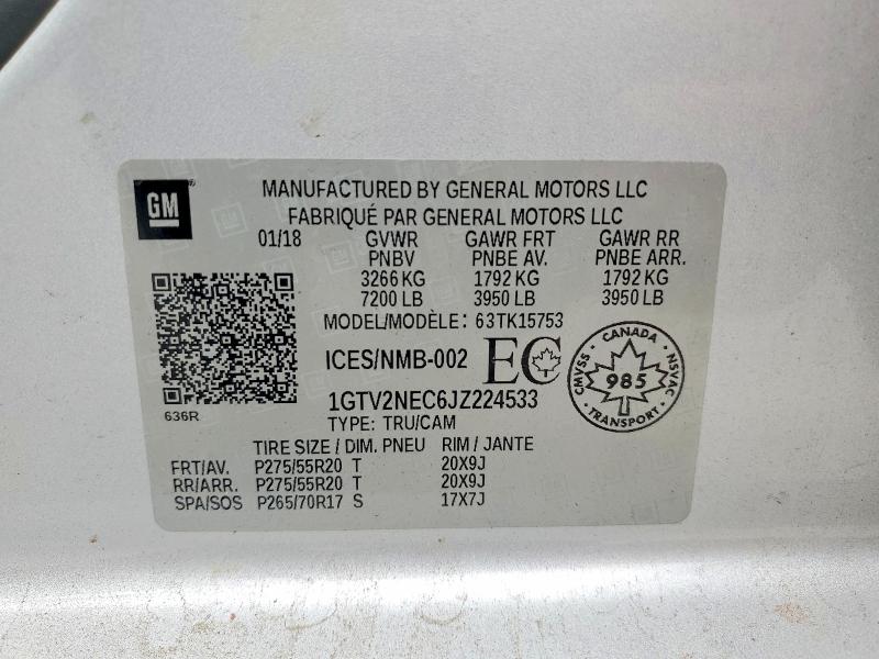 58220196 :رقم المزاد ، 1GTV2NEC6JZ224533 vin ، 2018 Gmc Sierra مزاد بيع