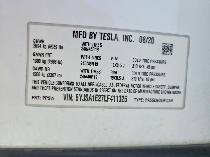 58943736 :رقم المزاد ، 5YJSA1E27LF411326 vin ، 2020 Tesla Model S مزاد بيع