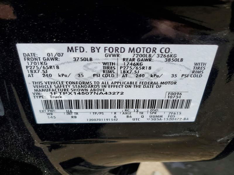 2007 Ford F150 მანქანა იყიდება აუქციონზე, vin: 1FTPX14507NA43272, აუქციონის ნომერი: 55809156