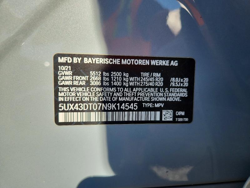 2022 Bmw X4 მანქანა იყიდება აუქციონზე, vin: 5UX43DT07N9K14545, აუქციონის ნომერი: 54537406