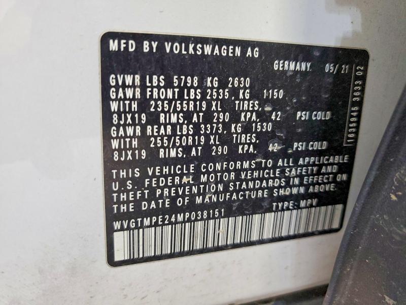 55682446 :رقم المزاد ، WVGTMPE24MP038151 vin ، 2021 Volkswagen Id.4 مزاد بيع