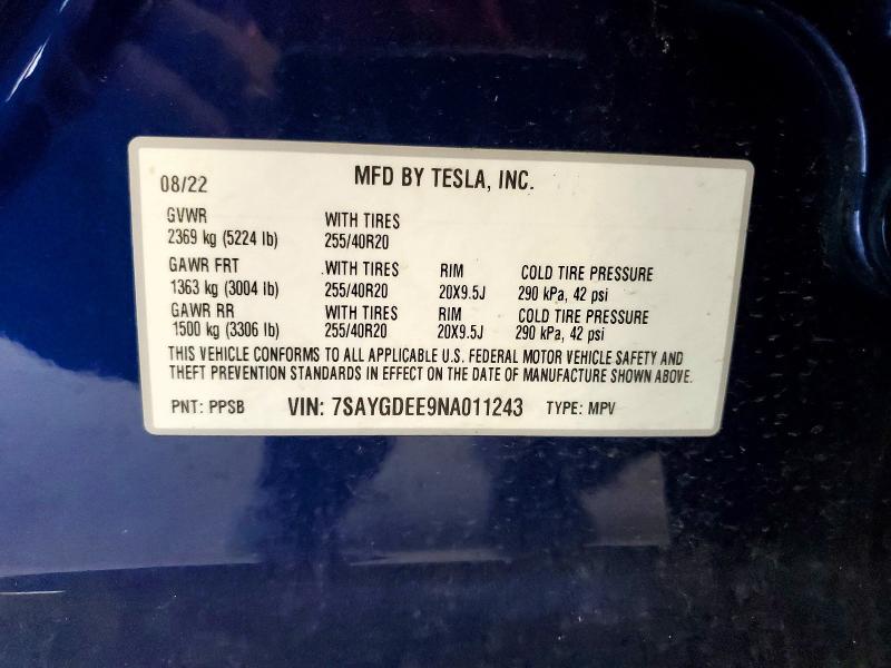 58322996 :رقم المزاد ، 7SAYGDEE9NA011243 vin ، 2022 Tesla Model Y مزاد بيع