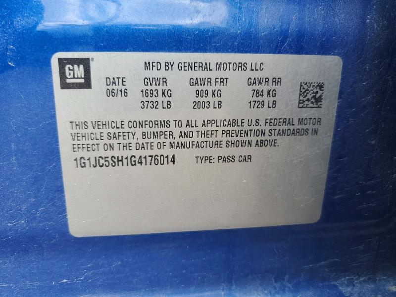 2016 Chevrolet Sonic მანქანა იყიდება აუქციონზე, vin: 1G1JC5SH1G4176014, აუქციონის ნომერი: 55523426
