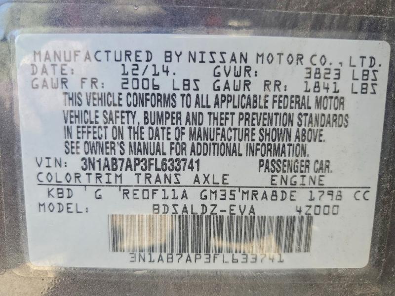2015 Nissan Sentra მანქანა იყიდება აუქციონზე, vin: 3N1AB7AP3FL633741, აუქციონის ნომერი: 59002716