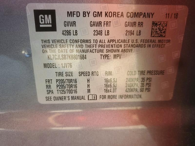 56395246 :رقم المزاد ، KL7CJLSB7KB801684 vin ، 2019 Chevrolet Trax مزاد بيع