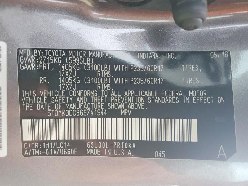 55532066 :رقم المزاد ، 5TDYK3DC8GS741944 vin ، 2016 Toyota Sienna مزاد بيع