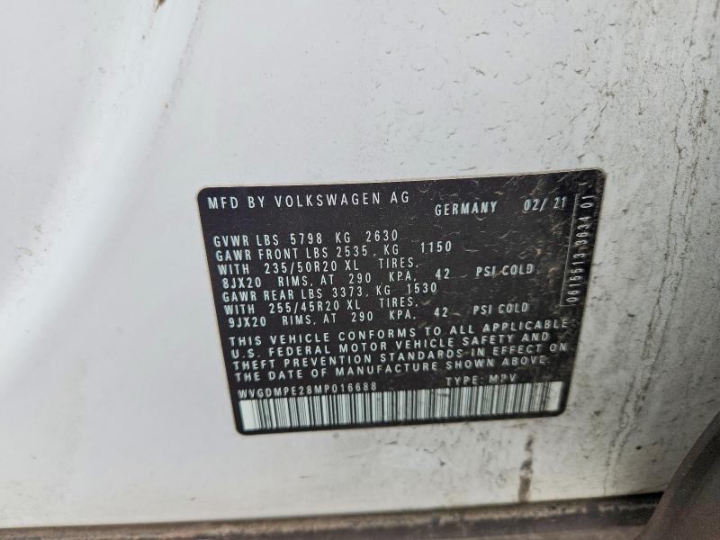 Aukcja sprzedaży 2021 Volkswagen Id.4, vin: WVGDMPE28MP016688, numer aukcji: 58097636