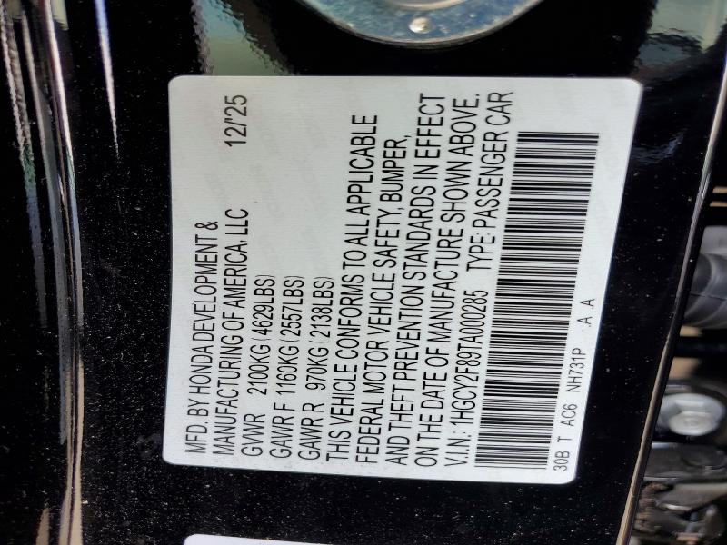 2026 Honda Accord მანქანა იყიდება აუქციონზე, vin: 1HGCY2F89TA000285, აუქციონის ნომერი: 59187046