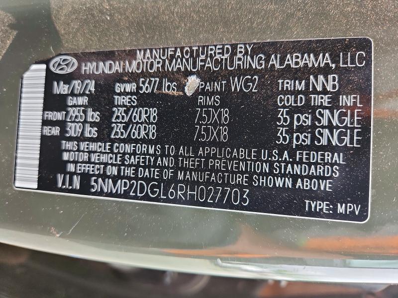 2024 Hyundai Santa Fe მანქანა იყიდება აუქციონზე, vin: 5NMP2DGL6RH027703, აუქციონის ნომერი: 58841786