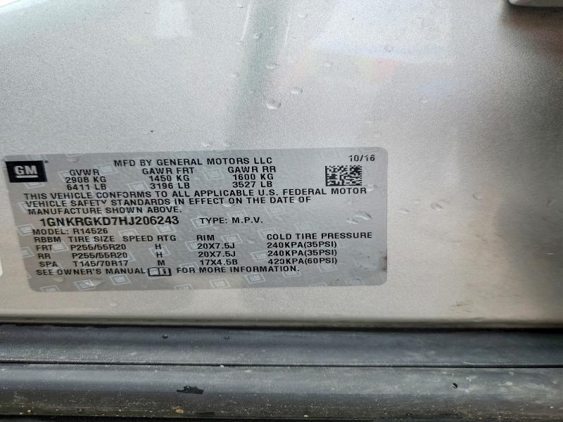 Продажа на аукционе авто 2017 Chevrolet Traverse, vin: 1GNKRGKD7HJ206243, номер лота: 55949496