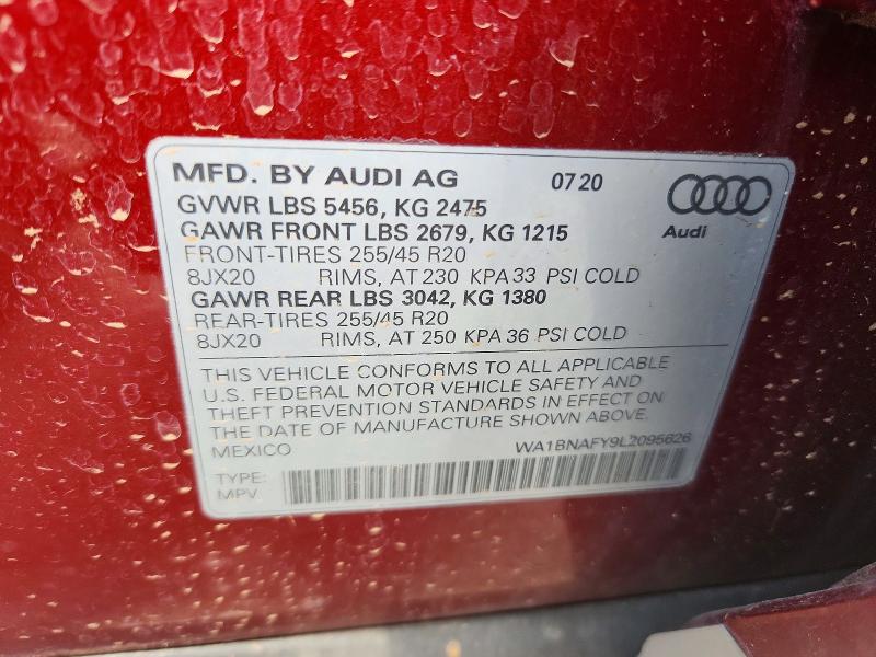 2020 Audi Q5 მანქანა იყიდება აუქციონზე, vin: WA1BNAFY9L2095626, აუქციონის ნომერი: 58798176