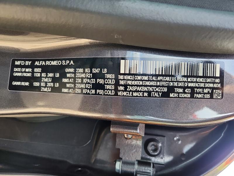 57744846 :رقم المزاد ، ZASPAKBN7N7D42339 vin ، 2022 Alfa Romeo Stelvio مزاد بيع