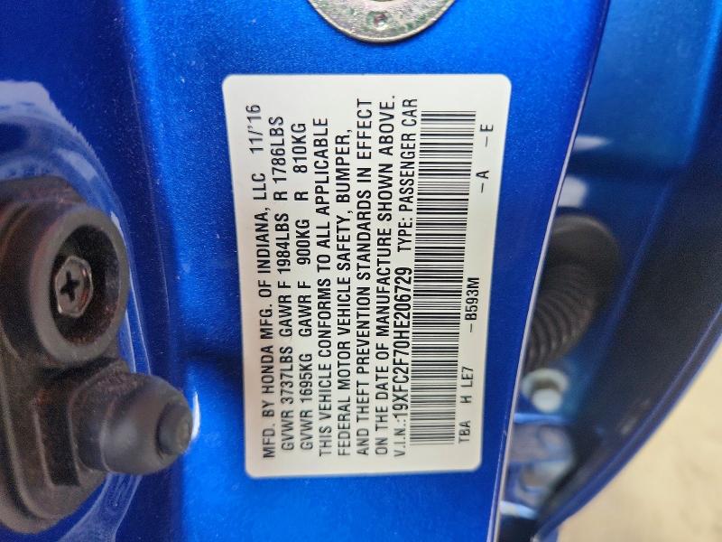 Aukcja sprzedaży 2017 Honda Civic, vin: 19XFC2F70HE206729, numer aukcji: 57667856