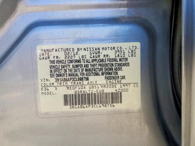 Aukcja sprzedaży 2012 Nissan Sentra, vin: 3N1AB6AP3CL698756, numer aukcji: 59012646