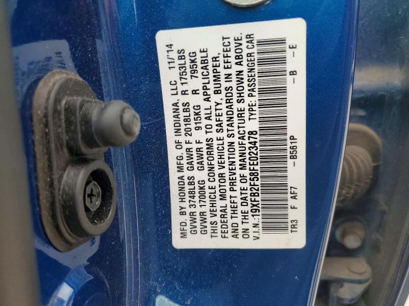 2015 Honda Civic მანქანა იყიდება აუქციონზე, vin: 19XFB2F58FE023478, აუქციონის ნომერი: 57694296