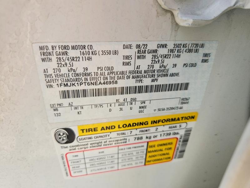 2022 Ford Expedition მანქანა იყიდება აუქციონზე, vin: 1FMJK1PT6NEA46958, აუქციონის ნომერი: 59364016