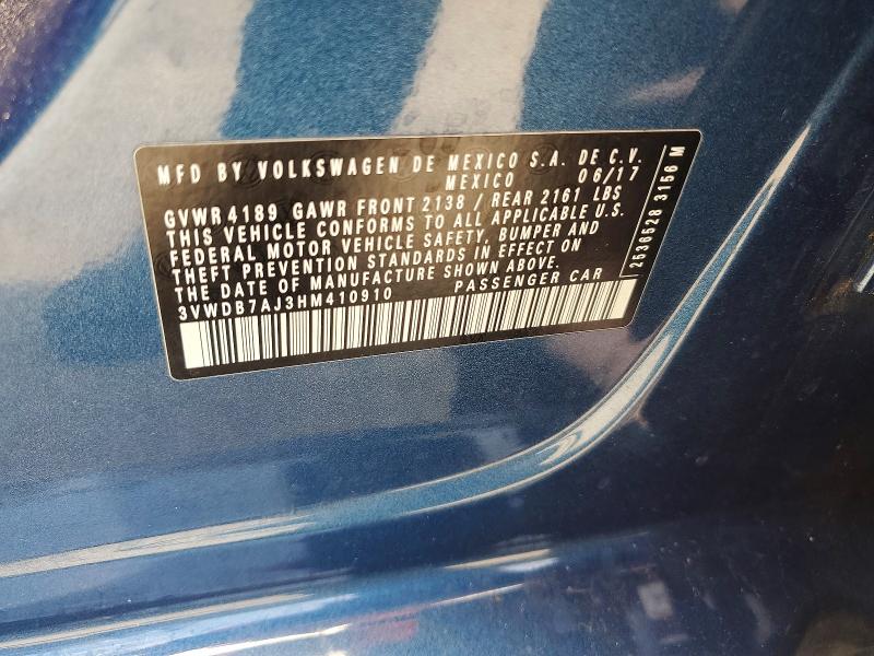 2017 Volkswagen Jetta მანქანა იყიდება აუქციონზე, vin: 3VWDB7AJ3HM410910, აუქციონის ნომერი: 55908026