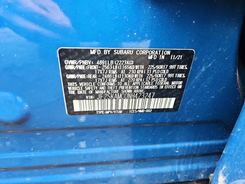 56112116 :رقم المزاد ، JF2SKAMC0NH423247 vin ، 2022 Subaru Forester مزاد بيع