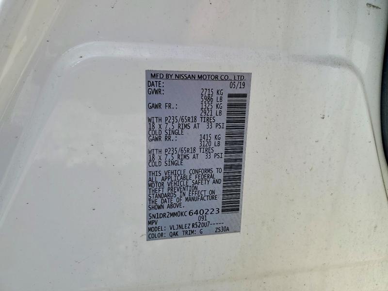 2019 Nissan Pathfinder მანქანა იყიდება აუქციონზე, vin: 5N1DR2MM0KC640223, აუქციონის ნომერი: 56817326
