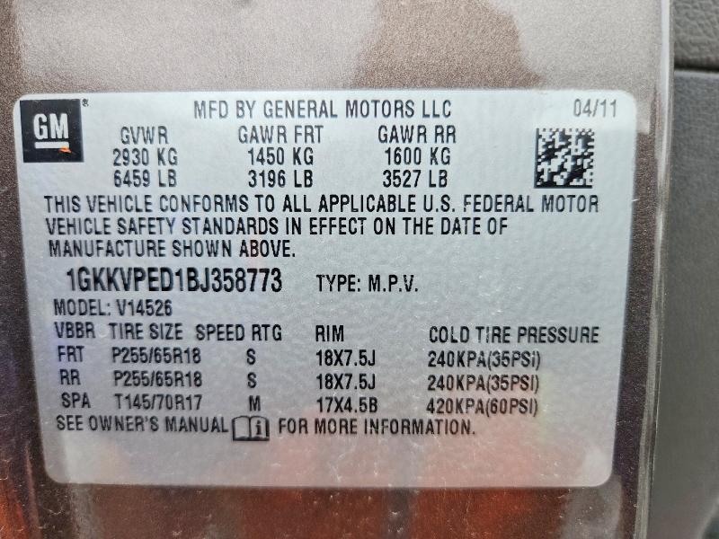 58210546 :رقم المزاد ، 1GKKVPED1BJ358773 vin ، 2011 Gmc Acadia مزاد بيع