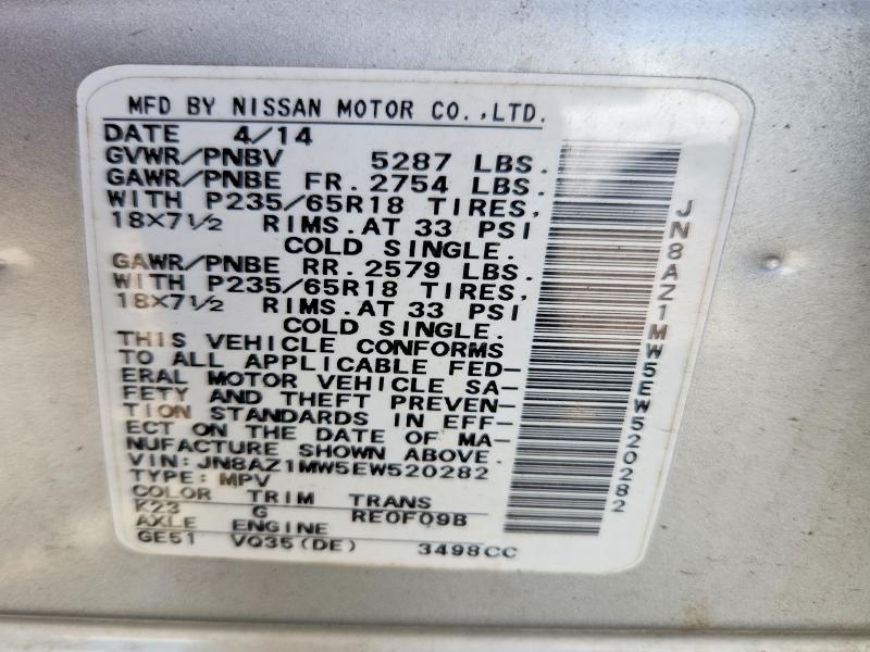 2014 Nissan Murano მანქანა იყიდება აუქციონზე, vin: JN8AZ1MW5EW520282, აუქციონის ნომერი: 57023276
