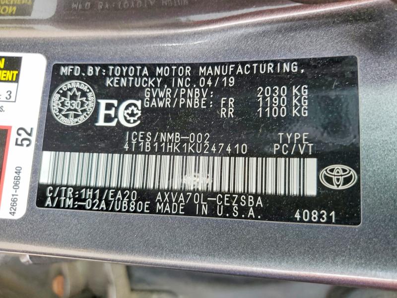 56429046 :رقم المزاد ، 4T1B11HK1KU247410 vin ، 2019 Toyota Camry مزاد بيع
