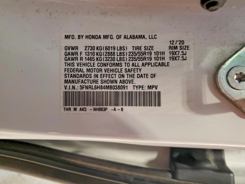 55887616 :رقم المزاد ، 5FNRL6H84MB038091 vin ، 2021 Honda Odyssey مزاد بيع