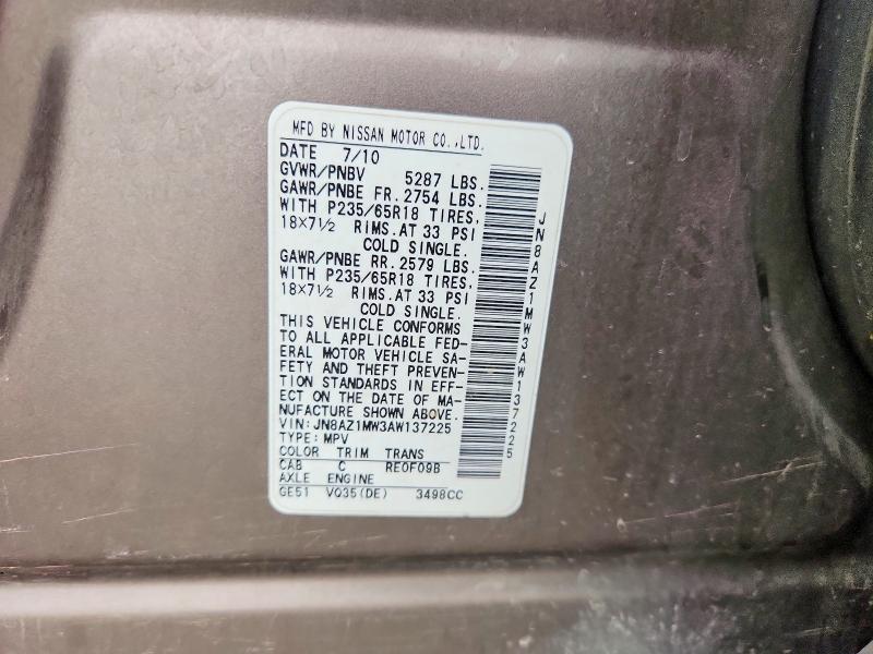 Продаж на аукціоні авто 2010 Nissan Murano, vin: JN8AZ1MW3AW137225, номер лоту: 58387156